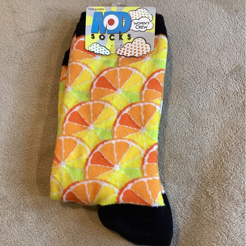 Mod Socks Orange and Yellow Citrus Print, Women's Crew Socks, Black trim